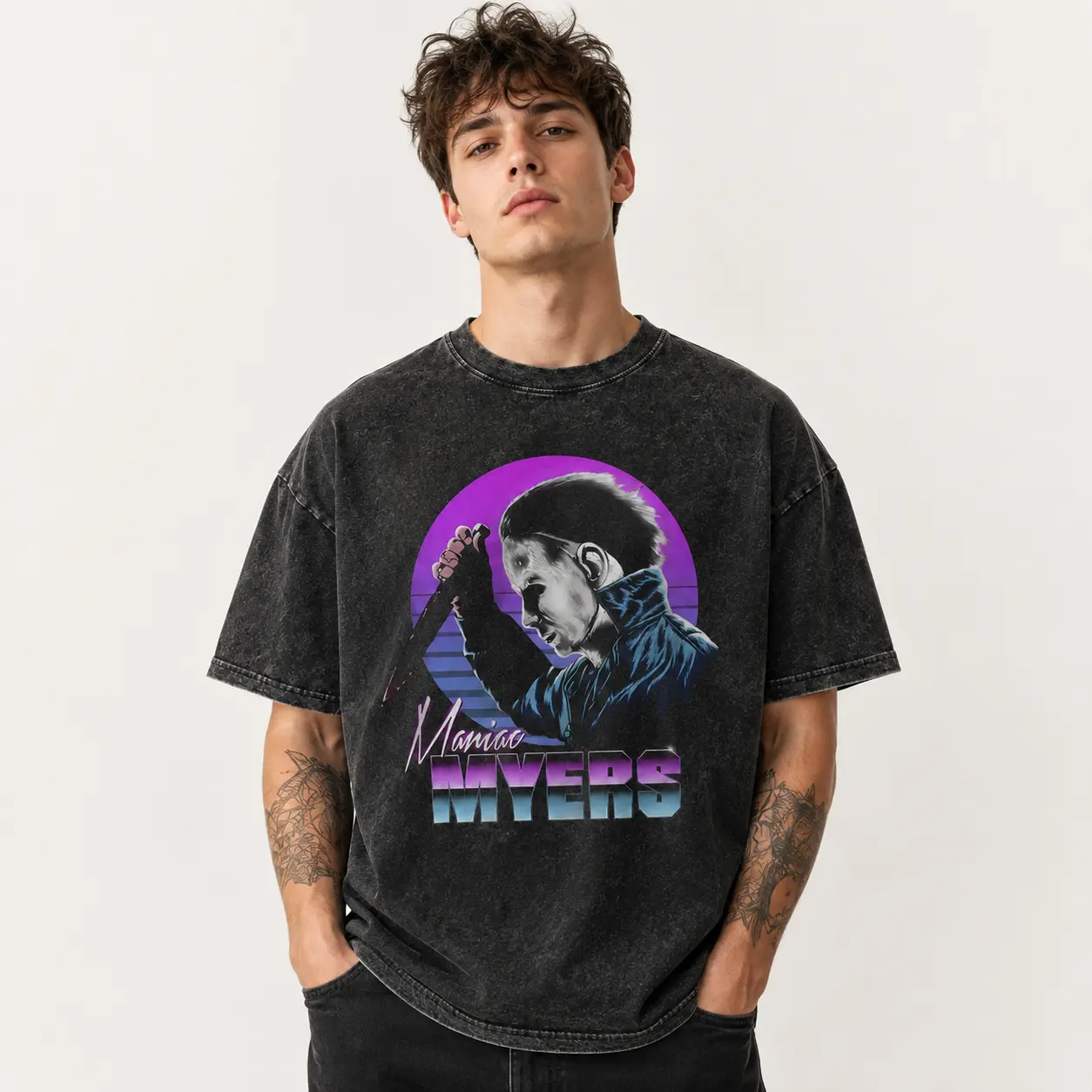 Black Halloween Horror Synthwave Shirt  Vintage 90s Style Shirt Distressed Washed Oversized Graphic T-Shirt Unisex  Maniac Graphic Top Aesthetic Apparel AST-7302-5170
