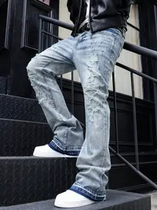 Men's Light Blue Washed Multi-Layer Ripped Denim Jeans, Four-Season Dual Frayed Hem, High Street Post-Apocalyptic Fashion Style, Trendy Streetwear Pants, Stylish Trouser