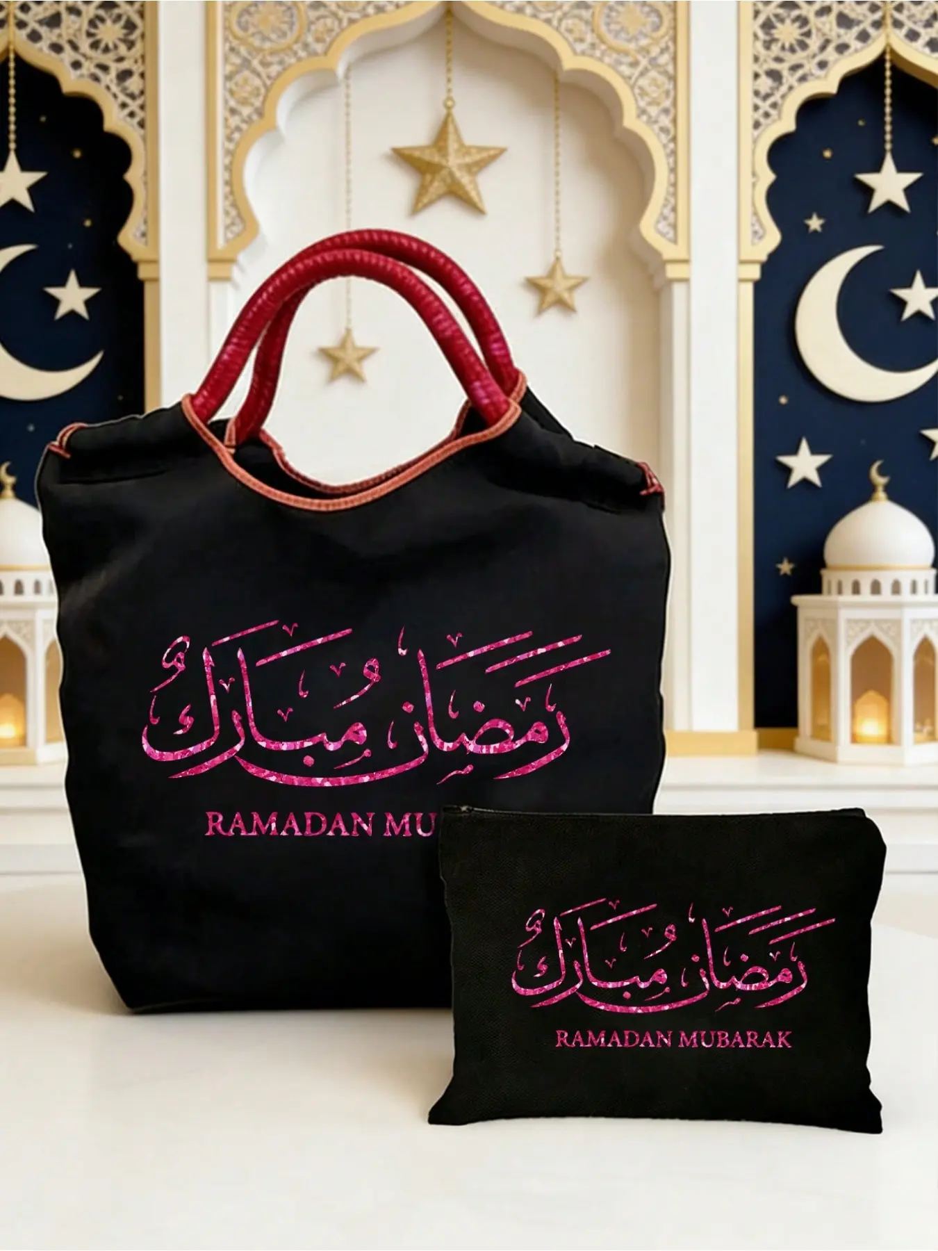 Ramadan Arabic style tote bag set with red handbag, black pouch and rose pink glitter makeup bag. Lightweight, foldable and reusable. Ideal for daily shopping, travel and perfect as Ramadan, Eid, Teacher’s Day and Valentine’s Day gifts.