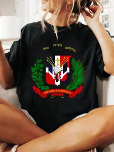 Coat of Arms Republica Dominicana Bandera Dominican Flag T-Shirt Print T-Shirt Casual Crew Neck Short Sleeve Comfort Tee Top For Spring & Summer Women's Clothing