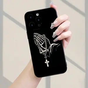 A new popular phone case designed as praying hands with a rosary and cross, made of shockproof TPU material, suitable for various iPhone models including 7, 8, 11, 12, 13, 14, 15, 16, E, Pro, 16 Plus, 16 Pro Max, X, Xs Max, Xr, Se, and Mini, perfect for b