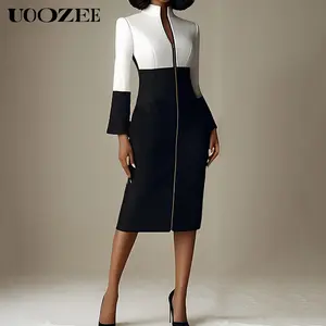 UOOZEE Women's 2026 New Spring Polyester-Spandex Bustier Bodycon Dress - Lightweight Breathable Fabric, Long Sleeve, High Neck, Full Zip, Contrast Color, Back Slit, Formal Workwear (Sizing Runs Small; Check Size Guide or Order Larger)