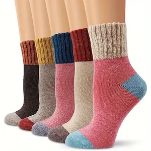 5 pairs unisex fashion mid tube plush warm socks autumn winter color block thick sole thermal socks versatile casual mid calf socks perfect for cold weather