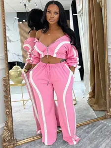 Street Style Women's Two-Piece Sports Set, Streetwear Tracksuit Set, Zipper Short Jacket + Casual Pants, Fashionable Ladies for Daily Wear