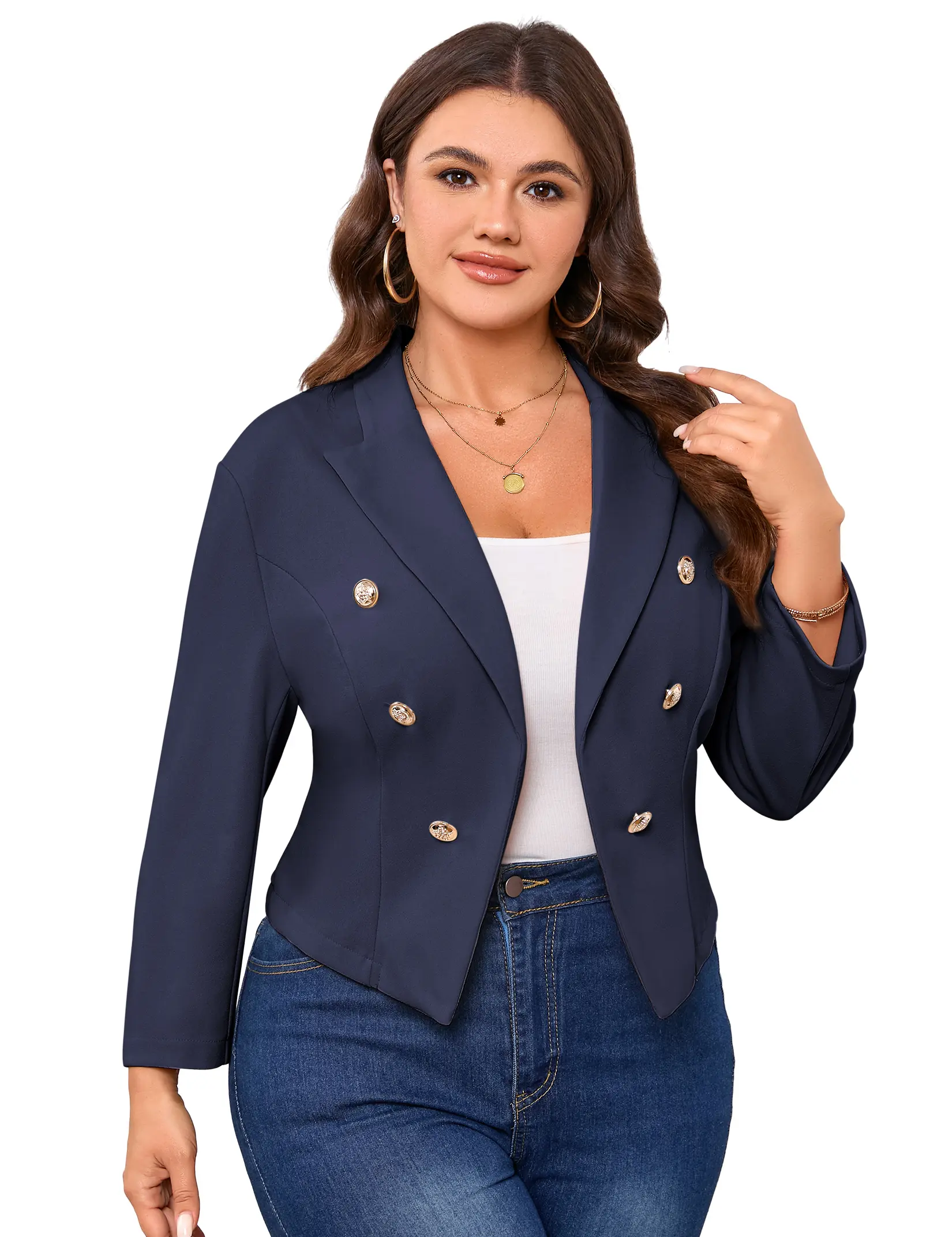 YESFASHION Women's Plus Size Long Sleeve Cropped Blazer - Double-Breasted Gold Button Everyday Jacket (95% Polyester 5% Spandex Fabric) XYZ, Skirts