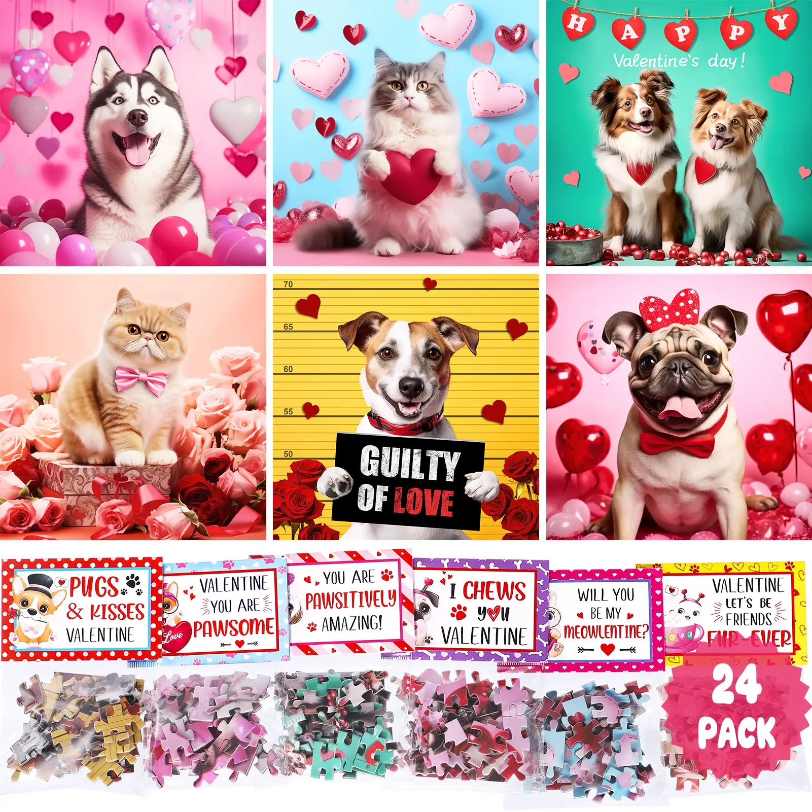 24 Packs Cat & Dog Jigsaw Puzzles with Cards for School Boys Girls, Puzzle Gift Classroom Exchanges Party Favors Prizes Birthday Gifts Springtok