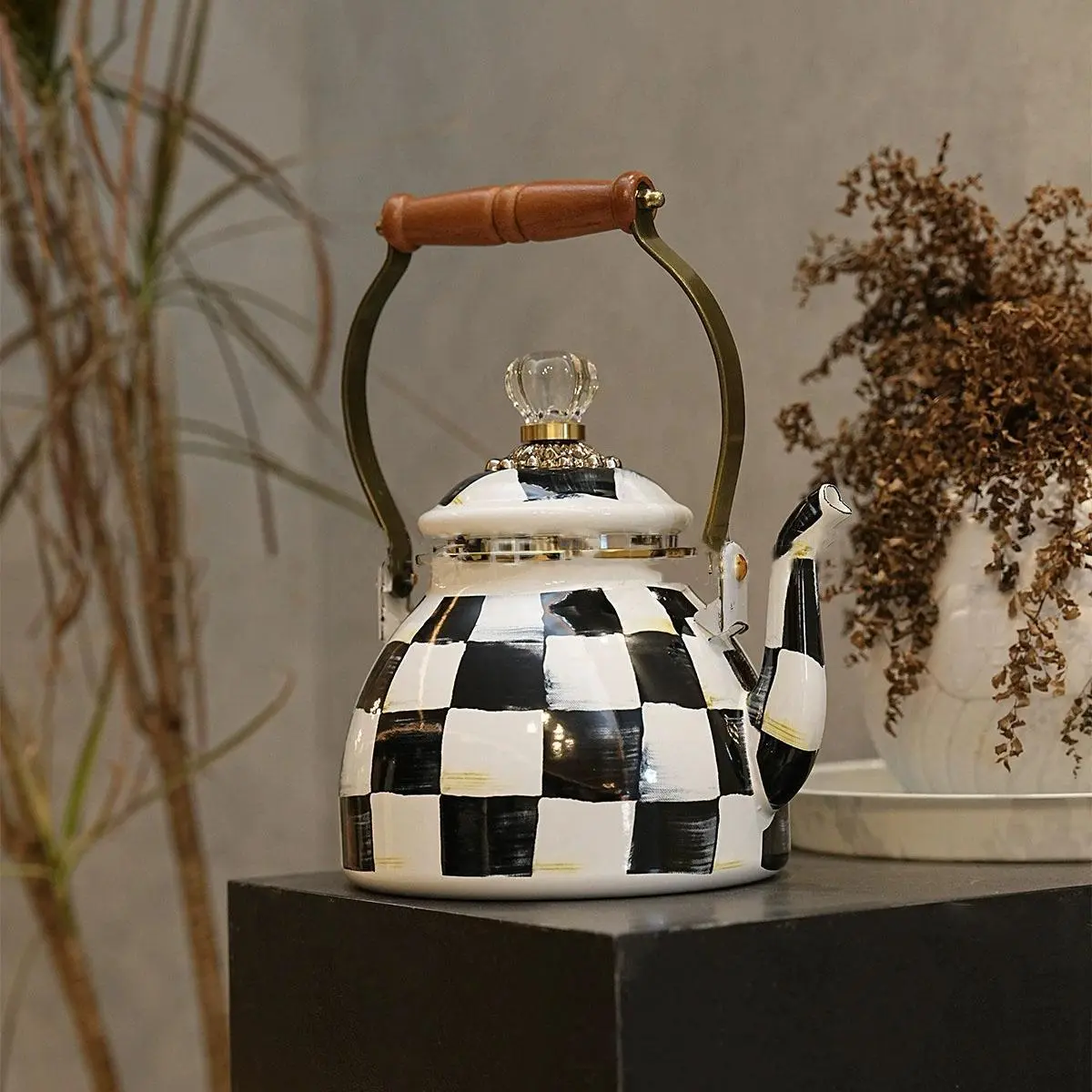 Classic Plaid Checkered Grid Perfect Teapot - 2.5L Large Capacity Kitchenware Loose Leaf Tea Pot with Wooden Handle, Ideal for Home & Tea Parties, Viral Gift Set