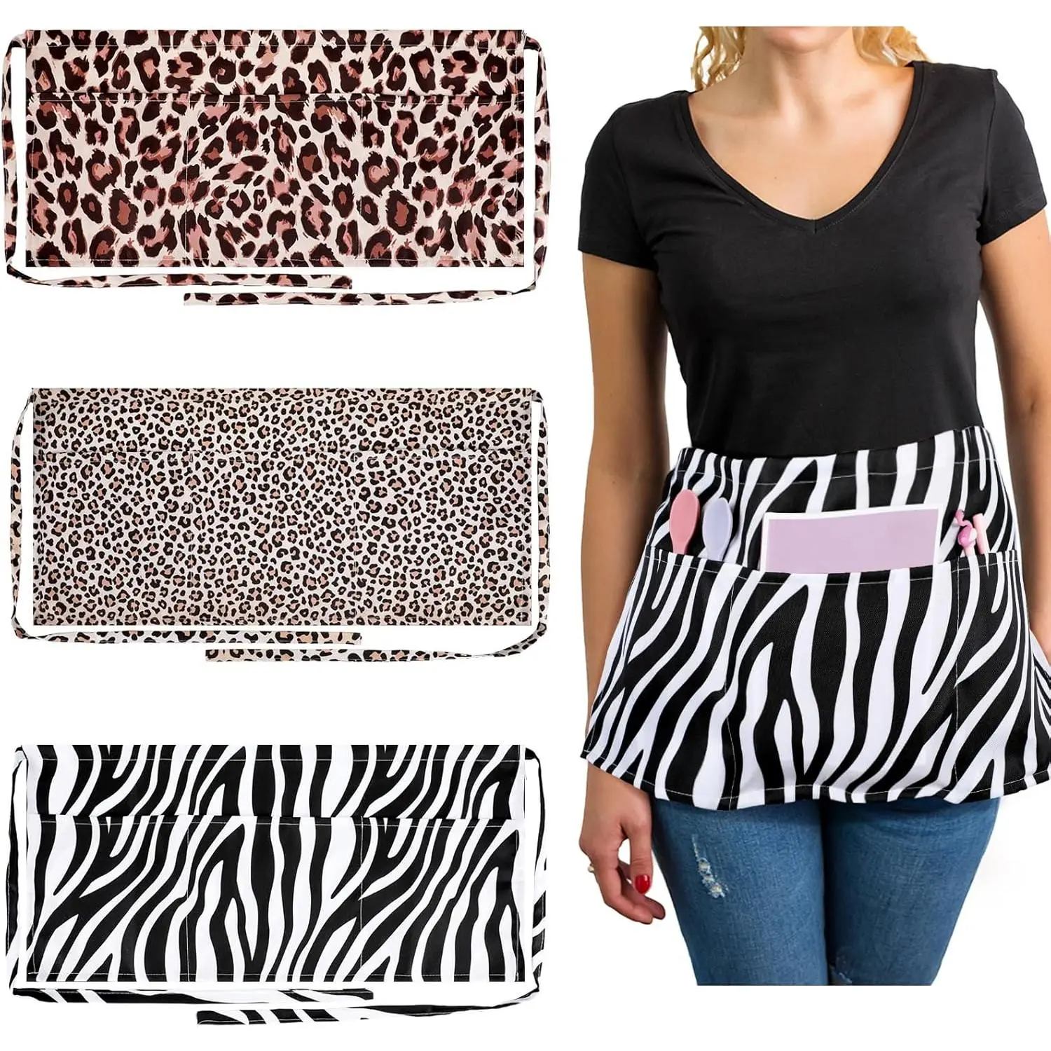 3 count Waitress Aprons for Server Leopard  Print Half Aprons with 3 Pockets Half Apron with Pockets for Women Teachers Waiter Bartender Barista Restaurant Coffee Mom
