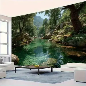 1 oversized realistic turquoise lake forest tapestry - large mural with lush greenery, landscape background - green water nature scene wallpaper alternative, suitable for living room, bedroom, office