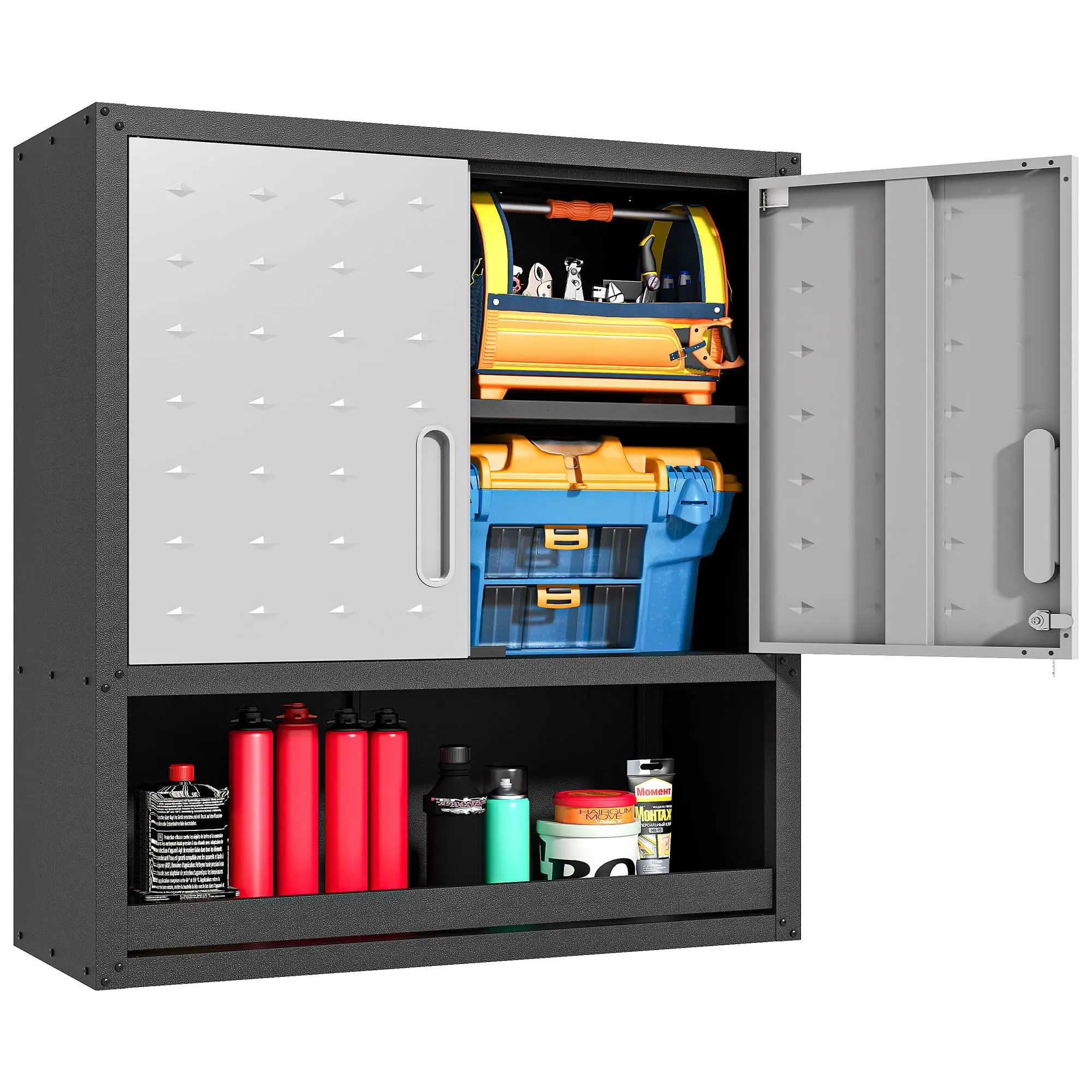 Metal Wall Cabinets with Doors and Shelves Black and Gray Garage Cabinets Wall Mounted Adjustable Storage Shelving Floating Garage Tool Cabinet,Wall Cabinet for Warehouse/Basement/Kitchen
