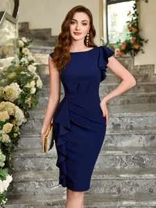 MIUSOL A9252 Solid Color Asymmetric Ruffle Sleeve Cocktail Dress, Elegant Semi-Formal Women Dress, Vintage Ruffle Sleeves Cocktail Party Pencil Dress