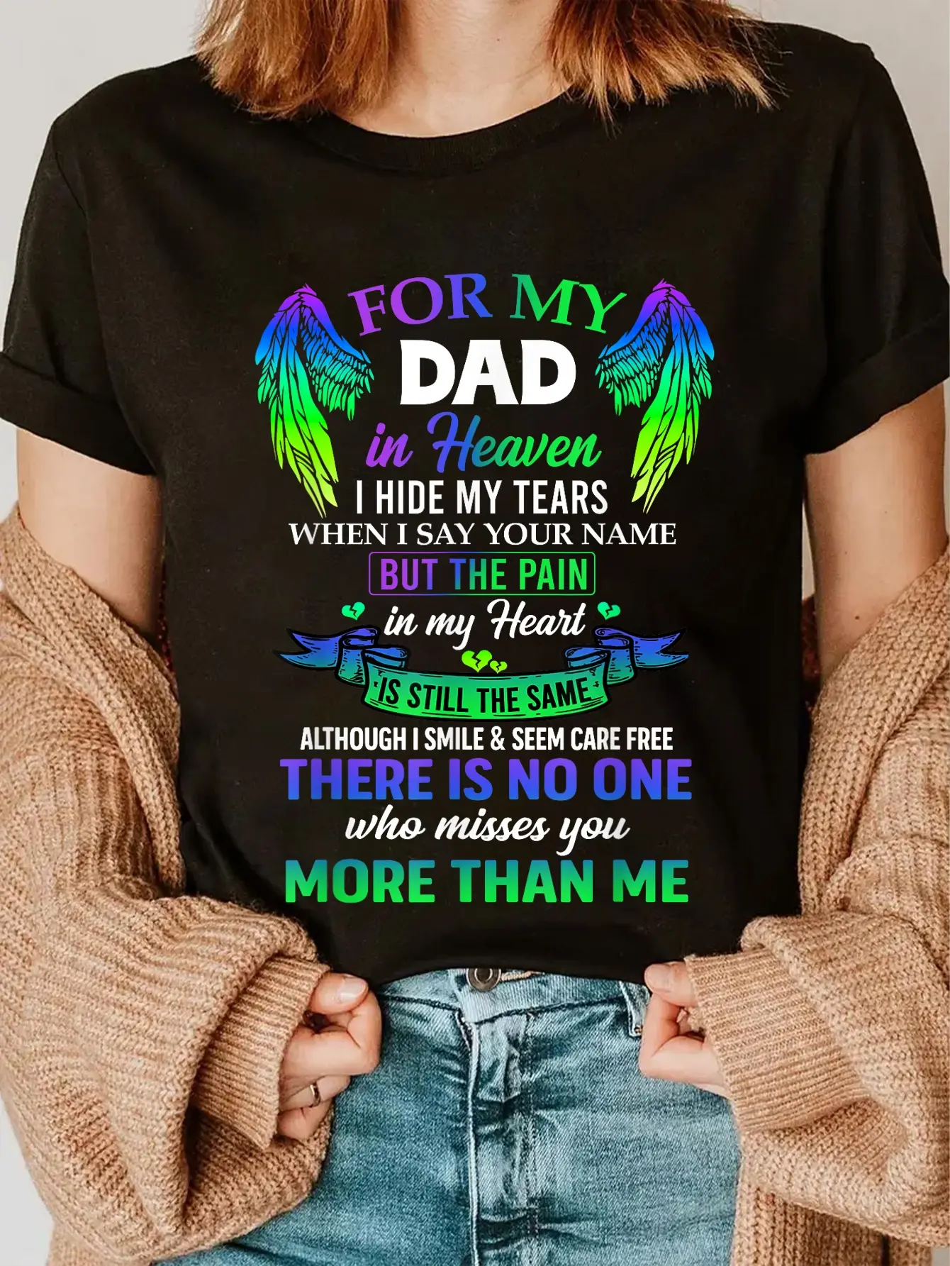 Women's 100% Cotton Graphic T-Shirt, Casual Round Neck Shortsleeve Top for Everyday Wear with 'Dad in Heaven' Tribute, Tops, Fatherhood Message Slogan Women's T-Shirts, Vintage