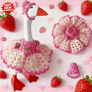 Desk Goose Outfits 7 Inches Handmade Crochet Pink Strawberry Dress Clothes and Hat for Mini Magnetic Porch Goose Statue Cute Knitting Geese Decor Accessories for Valentines Day