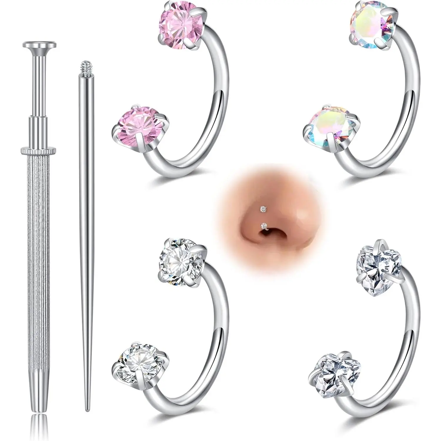 20g 18g Horseshoe Nose Ring for Women Double Gem Horse Shoe Nose Ring Hoop Surgical Steel Silver Gold Cartilage Helix Tragus Earring Hoops Labret Lip Piercing Jewelry Small Septum Rings 16g