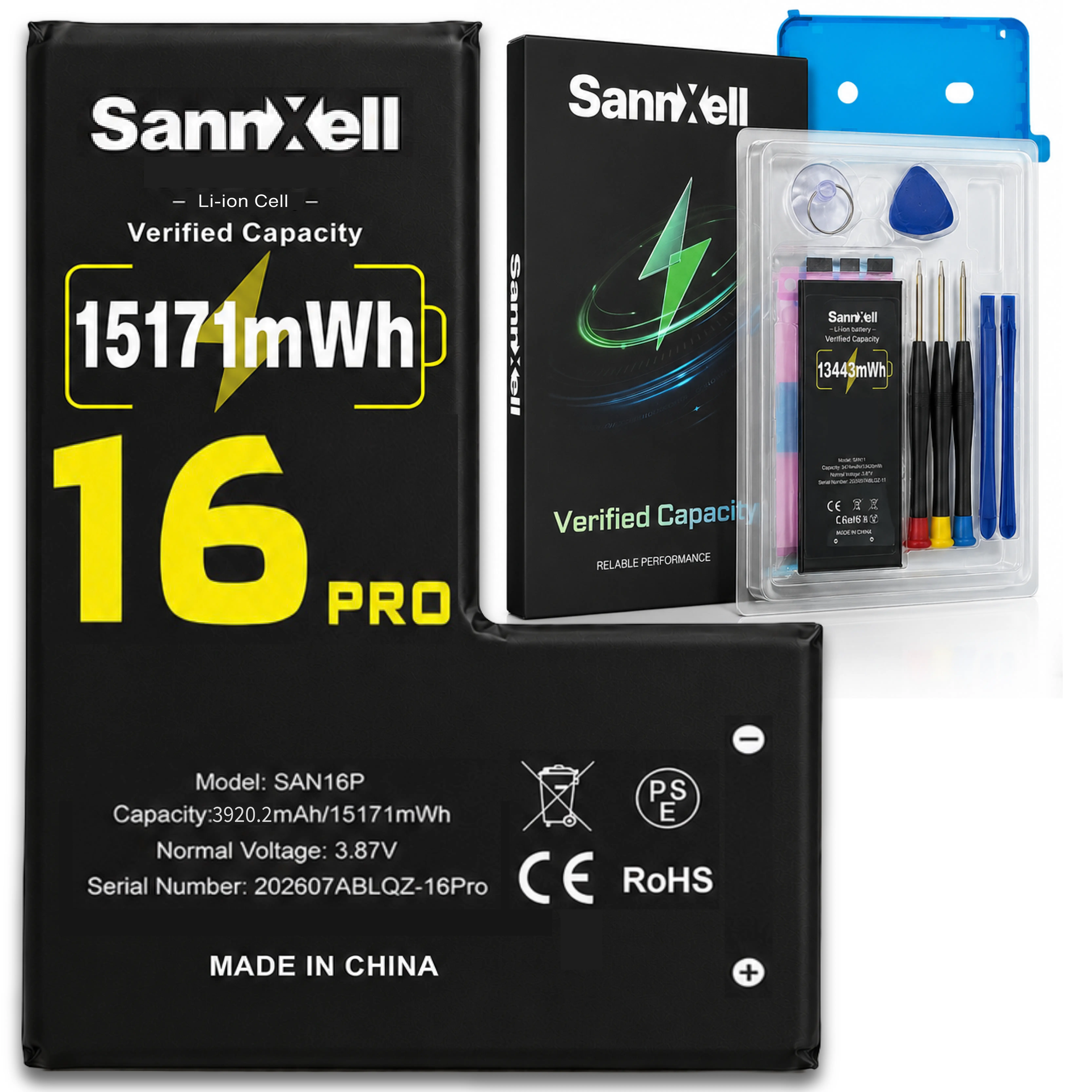 Sannxell Upgraded High Capacity Battery for iPhone 16 Pro Replacement, 15171mWh 0 Cycle A3083 A3292 A3293 A3294 Model, Ultra Long Lasting Li-ion Battery withFull Repair Tool Kit