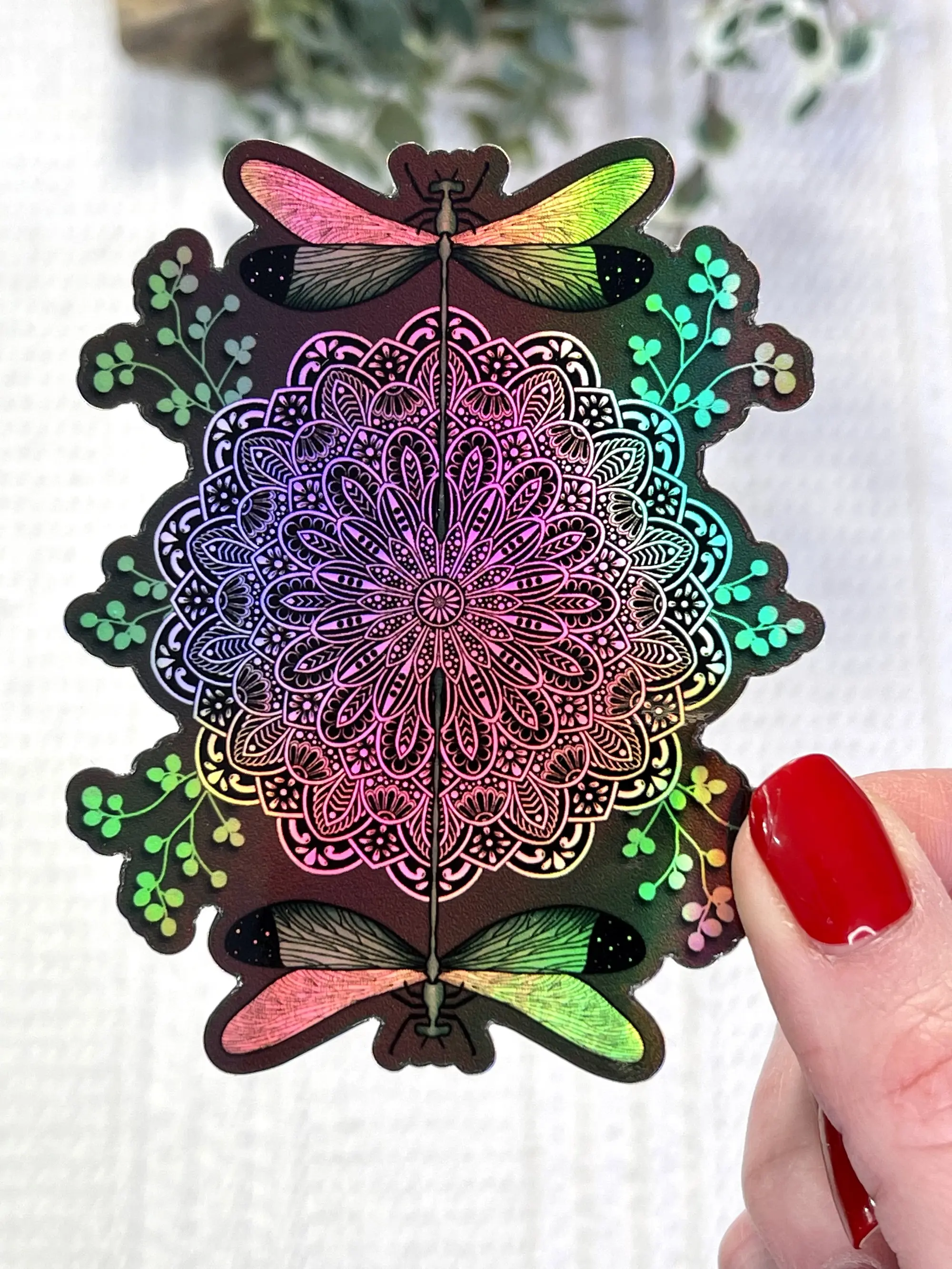 Dragonfly Holographic Sticker, Emerald Green Dragonfly, Mandala Dragonfly Sticker, Holo Dragonfly Sticker, Waterproof Dragonfly Sticker