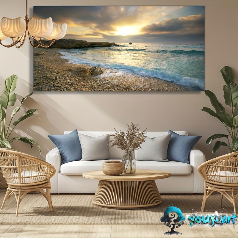Wooden Framed Canvas Painting Wall Art canvas Wall Art Sunset Beach Blue Waves Ocean Art Large Modern Artwork Canvas Print Contemporary Picture framing Ready to Hang for Home decoration Wrapped in canvas