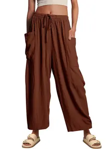 Summer New Women's High Waist Wide Leg Pants, Elastic Waist Drawstring Pleated Casual Comfortable Print Long Pants, Loose Fit Short Pants for Women Drawstring Lounge Shorts