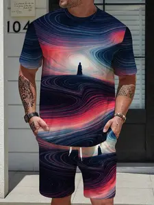 Men's Vintage Casual Two-Piece Set, Summer Sports and Daily, Printed Clothing Round Neck Short Sleeve Colorful T-Shirt + Drawstring Shorts