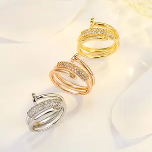 Gold Plated Cubic Zirconia Adjustable Open Bands Dainty Trendy Nail Ring Stackable Gold Rings Anniversary Christmas Birthday Jewelry Gift