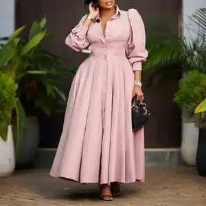 Women’s summer maxi shirt dress — trendy, elegant, casual, solid color, long sleeves, A-line silhouette; suitable for office wear; lightweight womenswear