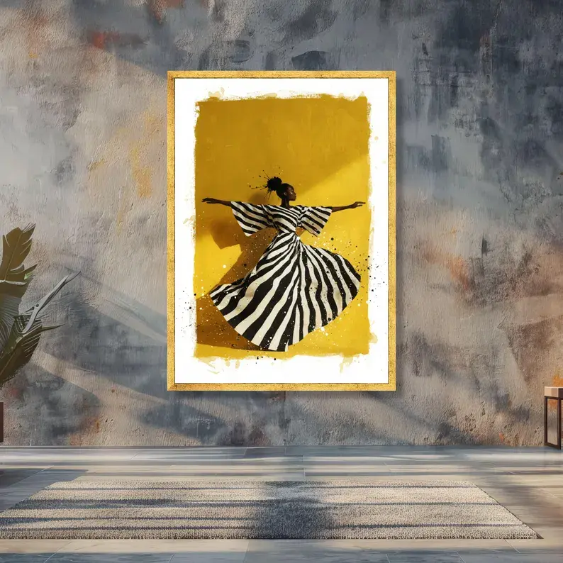 Elegant Black Woman Dancing Wall Art Print, Modern African American Fashion Poster, Yellow Background Home Decor, Unframed Gift