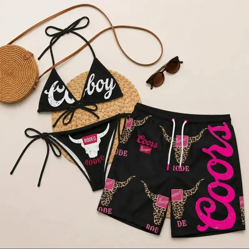 Western Couple Swimwear Set, Summer Vacation Outfit, Matching String Bikini and Men’s Beach Shorts