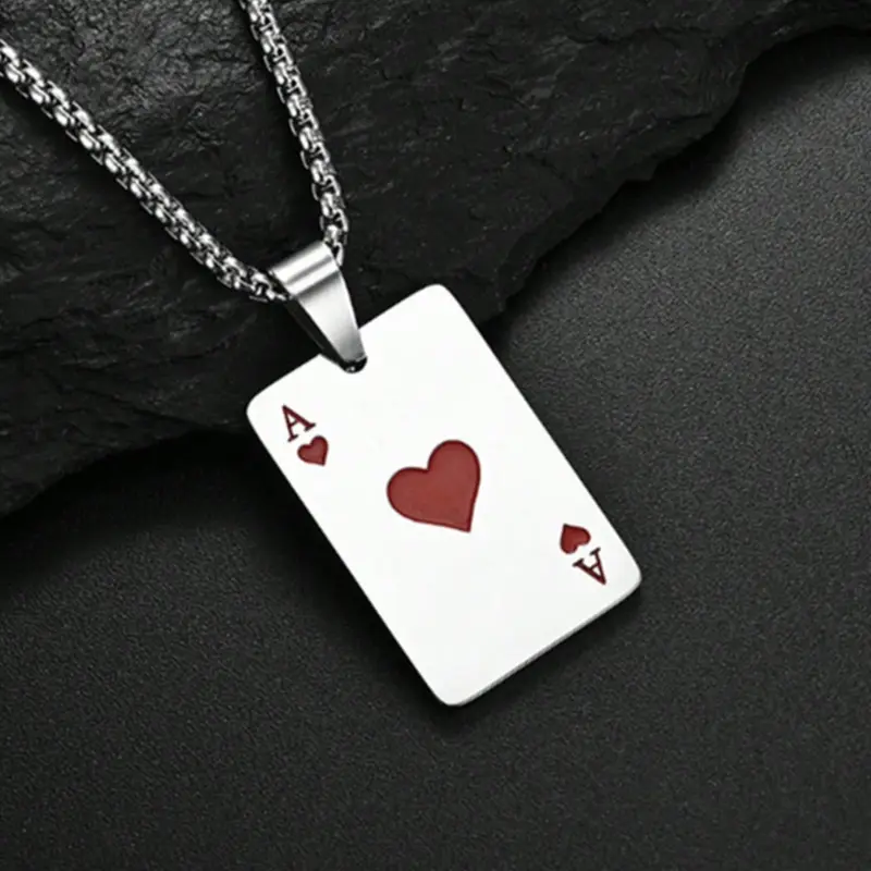 Men's Stainless Steel Silver Color Poker Card Pendant Chain Necklace, Diamond a Design, Casual Fashion Jewelry Gift for Him, Fashion Accessory Necklace