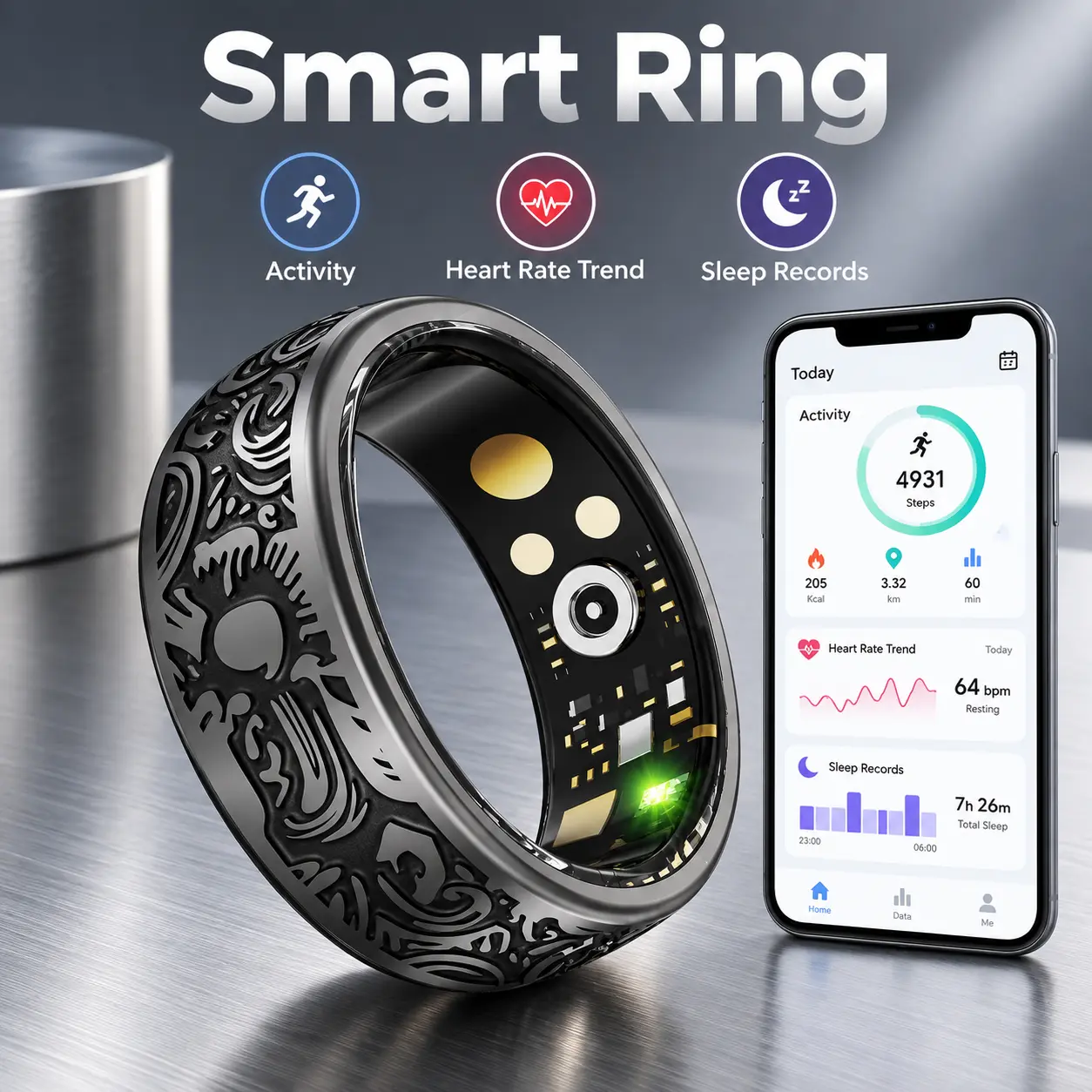 Engraved Smart Ring for Men Women, Fitness Tracker Ring with Charging Case and Magnetic Cable, Sleep Records, Heart Rate Trend, SpO2 Reference, Activity Data and Remote Photo Control