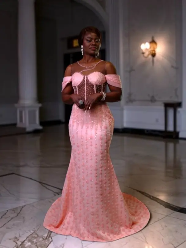 Blush Pink Corset Mermaid Gown, Beaded Lace Couture Dress with Detachable Sleeves, Luxury Evening Dress, Prom Wedding Guest Dress