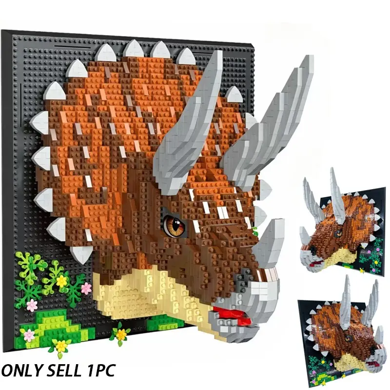 2000+pcs Dinosaur Theme 3D Building Blocks Wall Decor, Triceratops Pixel Art Puzzle Toy, Interlocking Puzzle, Creative Art Decoration, Adult Stress Relief DIY Craft Gift, Art Puzzles Gift