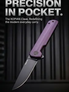 HOPIAN Clave-D2 D2 Flipper Pocket Knife Amethyst Purple G10 Handle, Ceramic Bearing One Flip Deploy Liner Lock, Blackwash D2 Corrosion Resistant Blade, Reversible Deep Carry Clip Lightweight 4.2oz Urban EDC Utility Tool