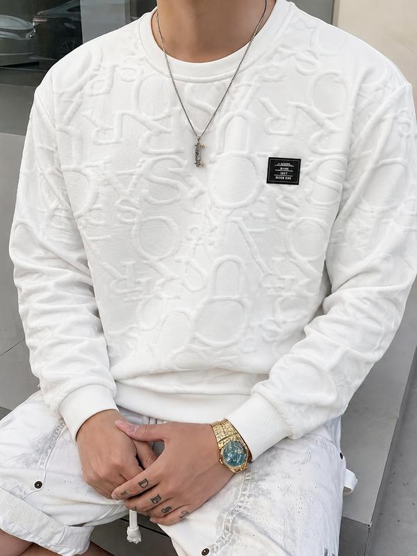 Men's Jacquard Sweatshirt, Crewneck Long Sleeve Pullover, Textured Casual Streetwear Top, Everyday Sportswear, Halloween Gift