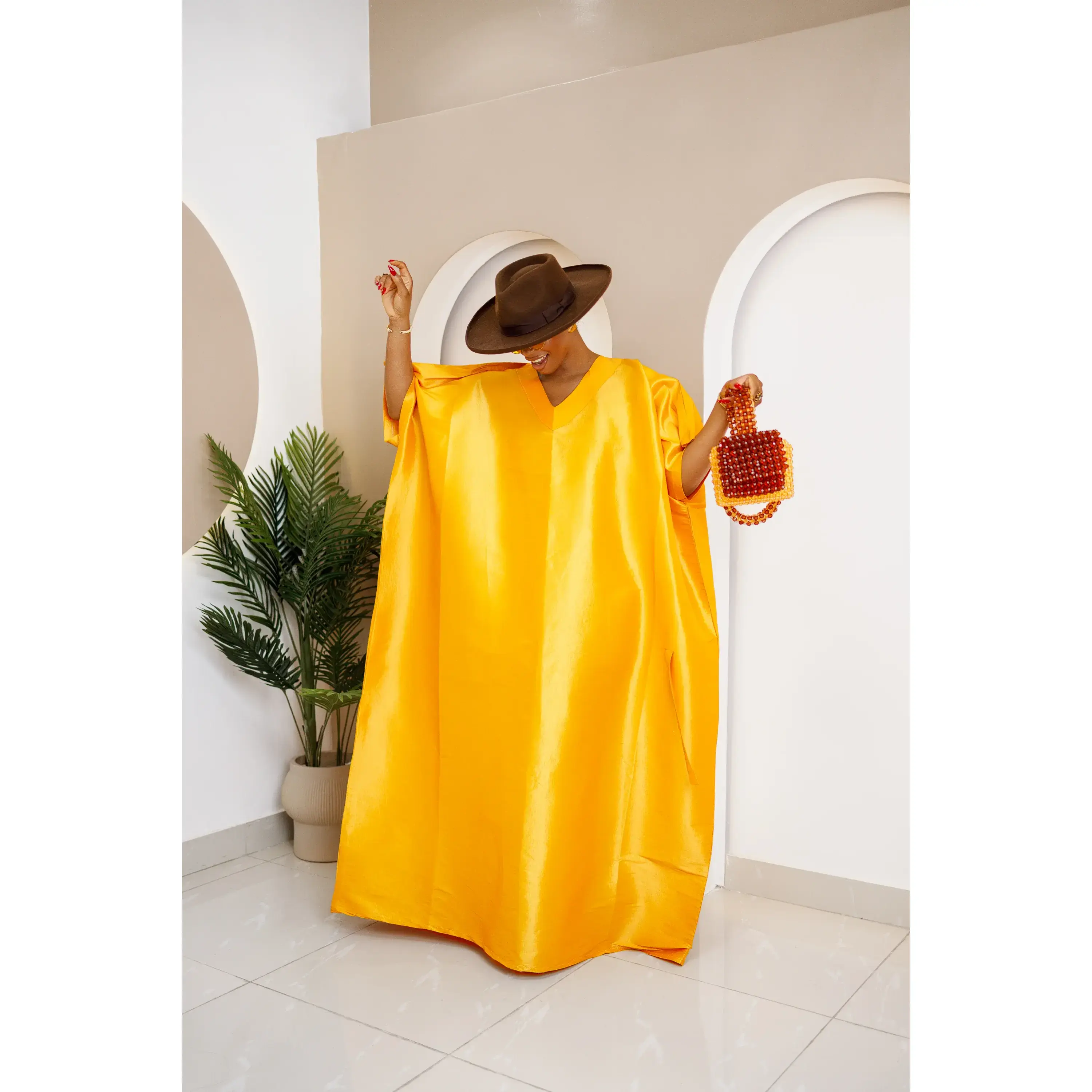 Women's Golden Taffeta Bubu Dress, A Chic and Elegant Flowing Gown with a Relaxed Fit for Formal Events and Weddings, Fabric, Casual, Statement, Light, Accessories