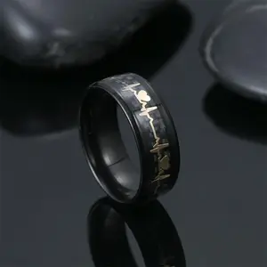 Stainless Steel Ring for Men & Women, Heartbeat Carbon Fiber Inlay, Uncoated Durable Design Jewelry Gift for Couple Fit Daily Wear ring