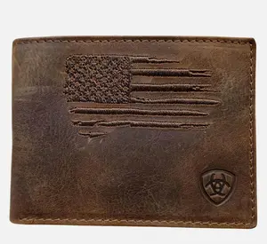 Ariat Patriotic Western Bi-Fold Wallet - Distressed Brown Leather, USA Flag, Shield Logo, Multi-Function, Stylish Gift for Men's Daily Use, Western Wallets, Brown Men's Wallets