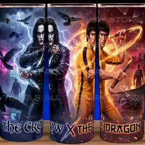 Brandon Lee and Bruce Lee - The Crow and The Dragon Cup Mug Tumbler 20oz Stainless Steel with Slide Closure Lid, Reusable Plastic Straw, Handmade Design - Drinkware Flasks Stylish