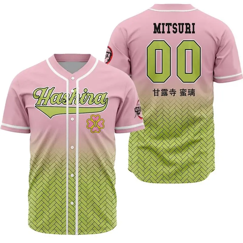 AniBase Club Mitsuri Kanroji Demon Slayer Baseball Jersey Anime All-Over Print 100% Polyester XS-5XL Unisex Fit V-Neck Button-Up Front Closure