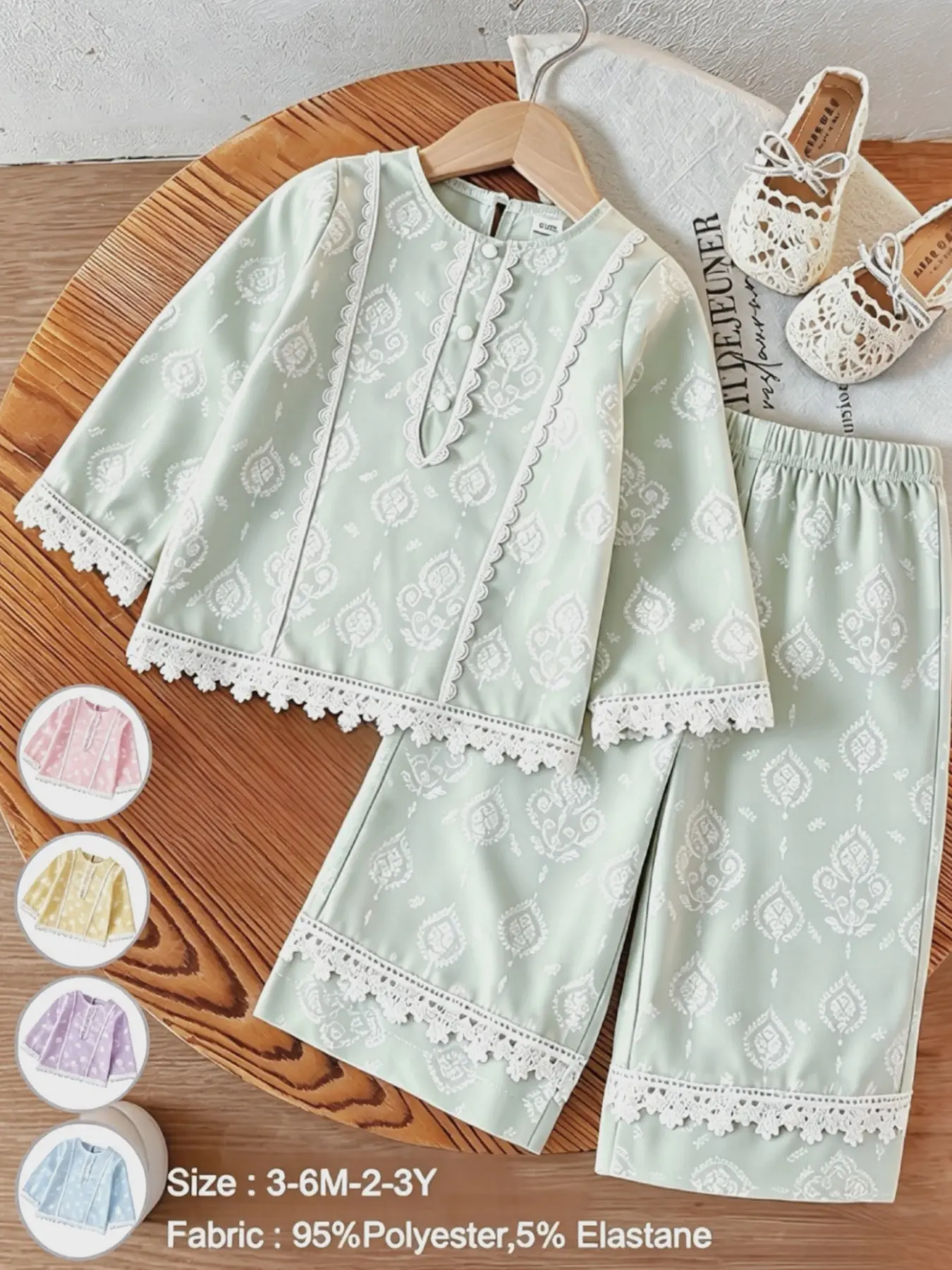 2-Piece Infant Baby Girl Elegant Lace Trim Long Sleeve Top & Pants Set, Baby Clothing, Stylish Summer Baby Girl Clothes Outfits for Festivals