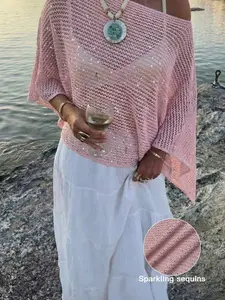 Elegant Women's Spring Summer Fashion Casual Knitted Hollow Out Hoodie, Sequin Boat Neck Pure Color Semi-Transparent Top, Knitwear
