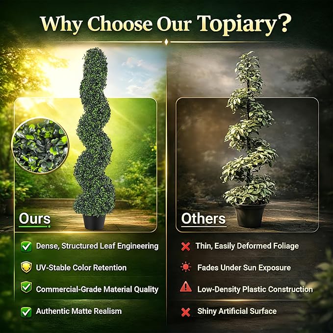 4FT Artificial Boxwood Spiral Topiary Trees Set of 2, UV Resistant Faux Evergreen Topiary Plants in Pots, Outdoor Indoor Decorative Fake Boxwood Shrubs for Front Porch, Patio, Garden, Home Decor