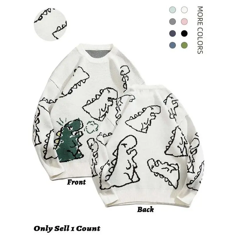 2026 Men's Trendy Round Neck Long Sleeve Dinosaur Sweater Lounge Loose Crew Neck Jumper Fall Winter Casual Knit Clothing, Pullover Graphic Novelty, Men's Apparel, Winter Sweater, Men's Cardigan