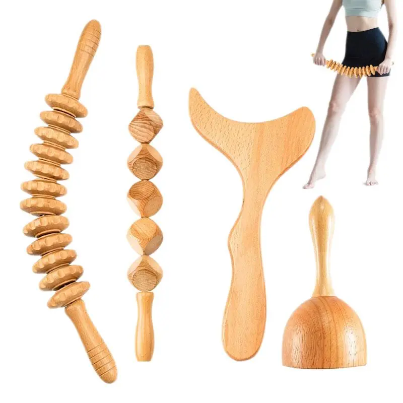 4-In-1 Wooden Massage Set, Body Roller for Muscle Relaxation, Ideal for Fitness Recovery, Handcrafted Therapeutic Tools for Home Use, Relaxation Aid