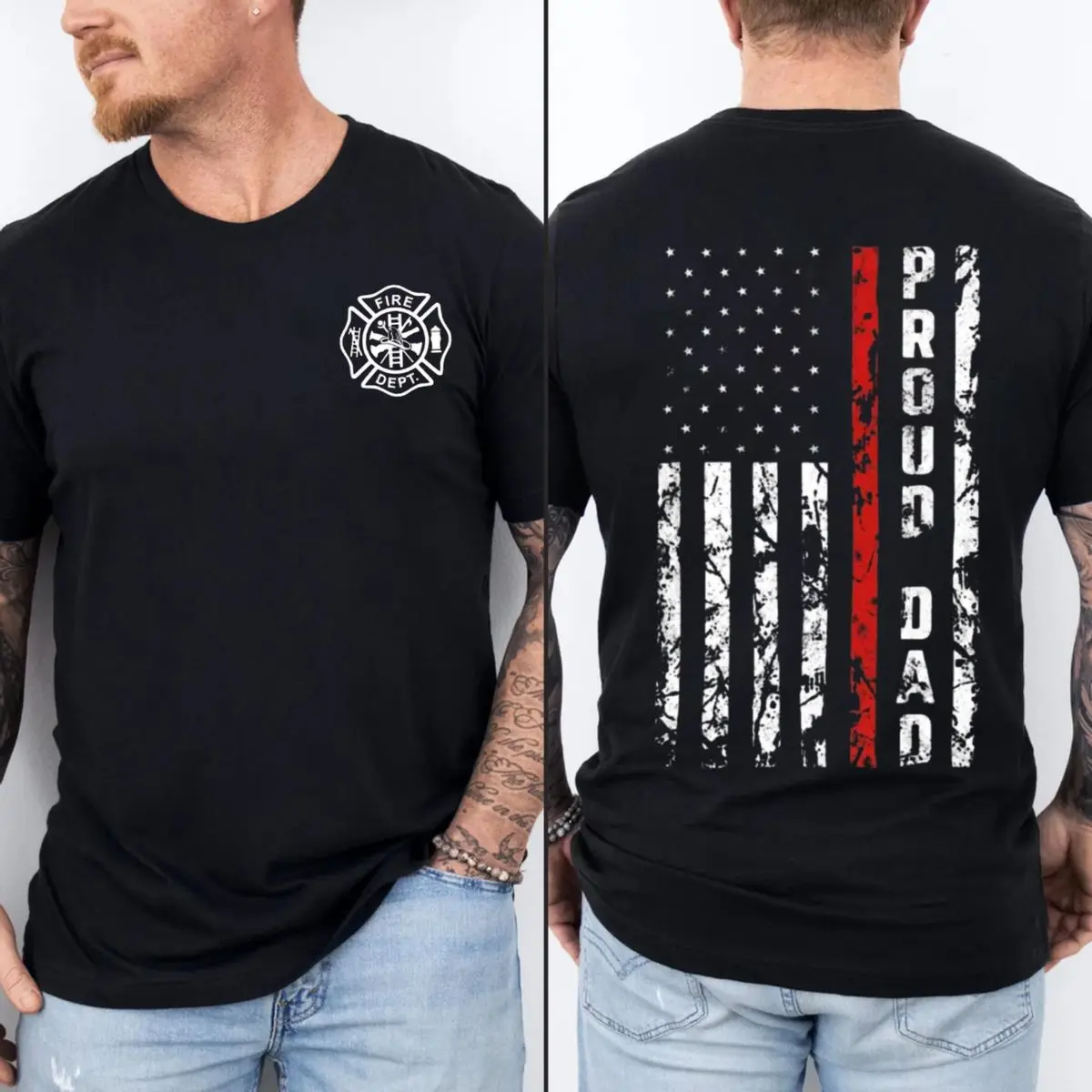Proud Firefighter Dad American Flag Tee, Thin Red Line Distressed Shirt, Father's Day Gift For Hero Dad, Unisex Short Sleeve Tee, Casual Clothing Crewneck Tee