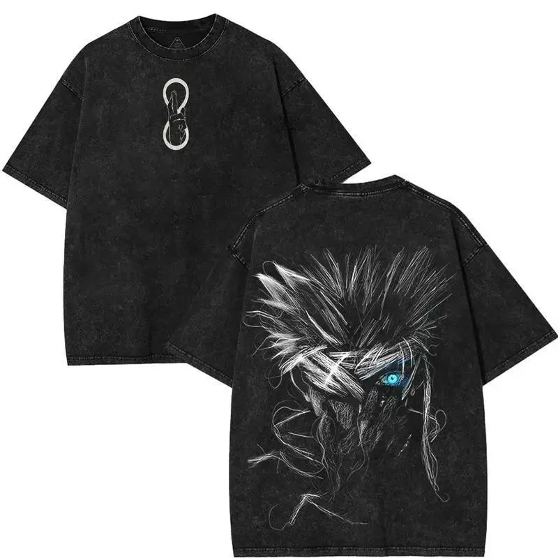 Men's Vintage Acid Wash Cotton Garment T-Shirt - Seamless Ribbed Classic Fashion Apparel, Double-Sided Infinity Symbol & Gojo Satoru Blue Eye Anime Graphic, Oversized Dark Aesthetic Casual Fit Streetwear Top