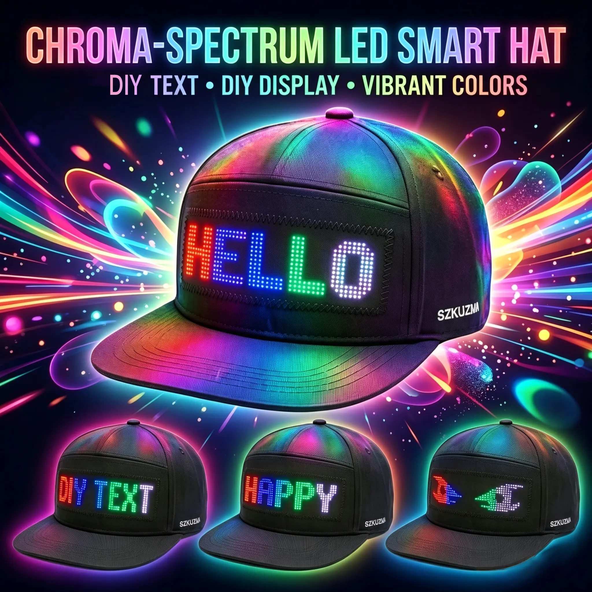Programmable LED Hat, App Controlled Light Up Baseball Cap, Scrolling Text & Pixel Art for EDM Raves & Party
