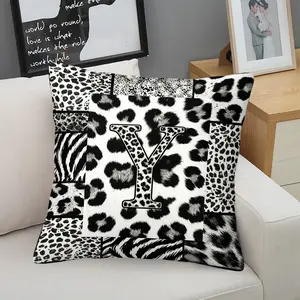 Black White Leopard Print Splicing Letter Throw Pillow, Trendy Cool Luxury Design, Soft Skin-friendly Good Resilience, Suitable for Living Room Sofa Bedroom Bedside Decor (With Pillow Insert)