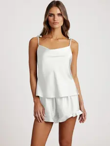 Azazie Satin Frilled Tie-Detail Tank & Ruffled Shorts Pajama Set - Perfect Color Match