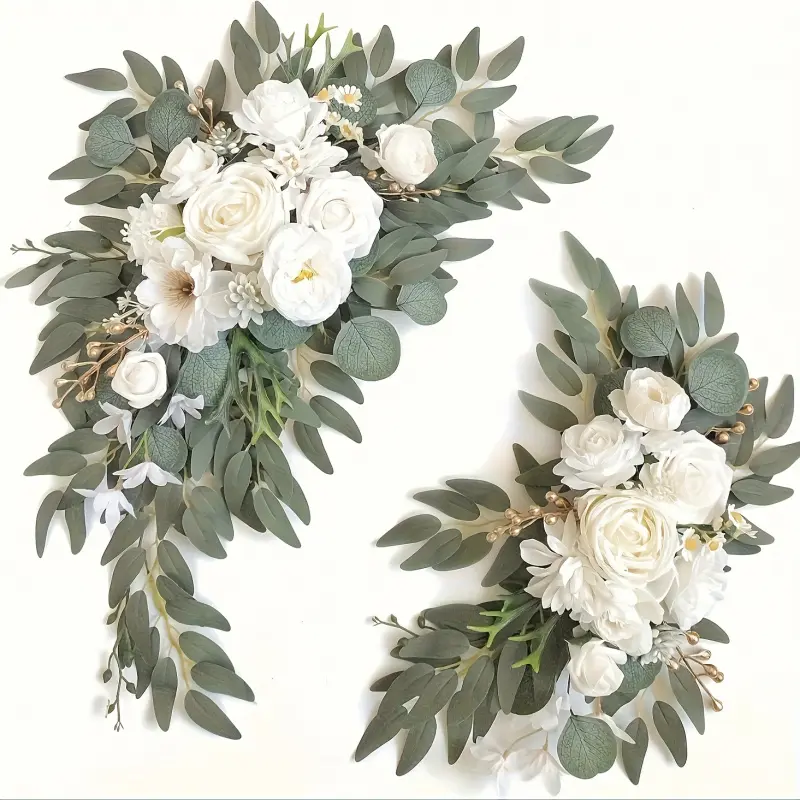2pcs White Artificial Arched Flowers, Artificial Flower Garland, Suitable for Wedding Ceremonies, Reception Background Decoration, Wedding Welcome Signs, Birthday Party Decoration, Artificial Flower Decorations, Artificial Flower Arrangements