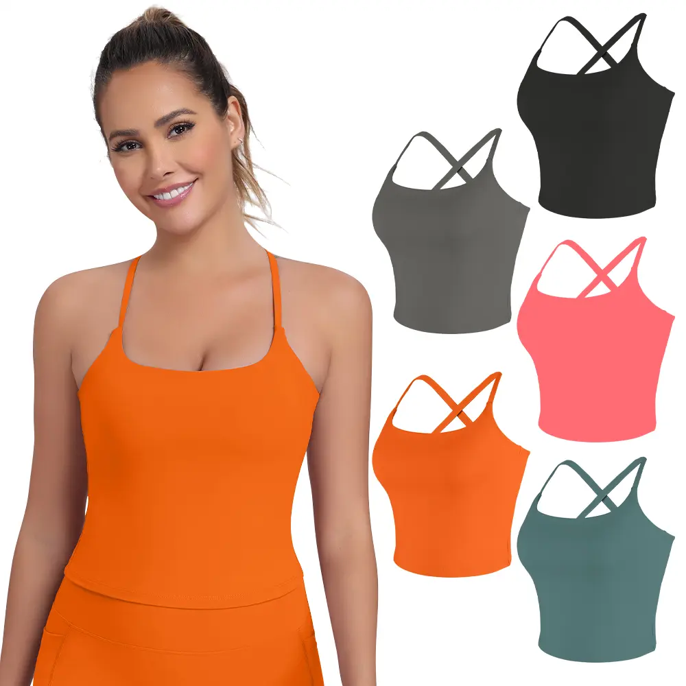 2026 New Adjustable Straps Built-in Bra Tank Top - Criss Cross VS Spaghetti Thin Straps & Scoop Neck, Slim Cute Buttery Soft Thicker Fabric Longline Sports Bra with Built-in One-Piece Bra Pads Yoga Wear Fitness Yoga Gym Activewear